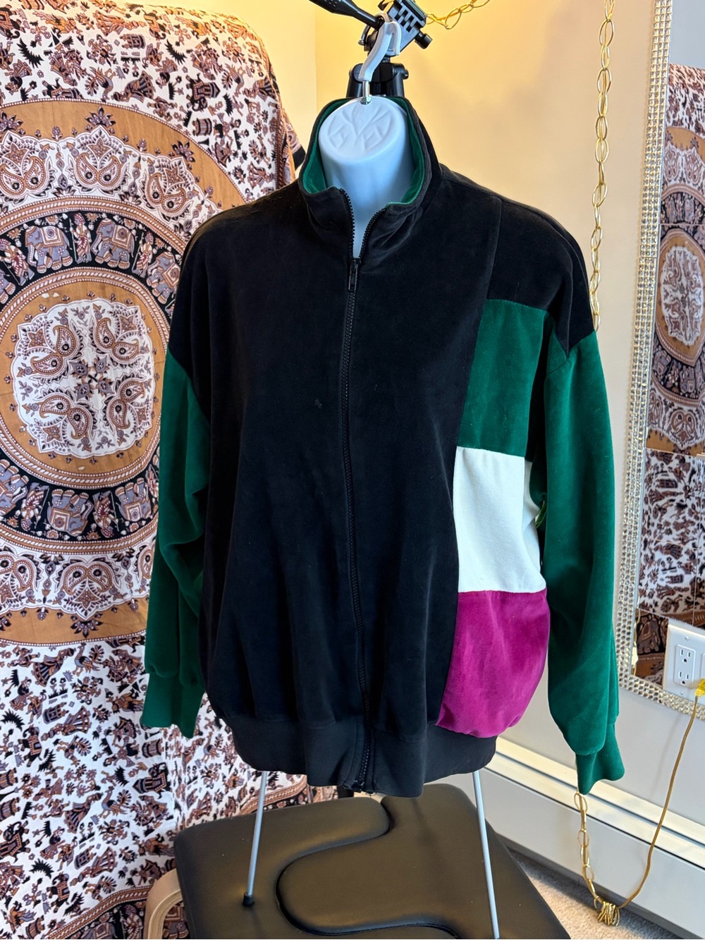 Colorblock Velvet Zip-Up Jacket in Black, Forest Green, Cream & Magenta
